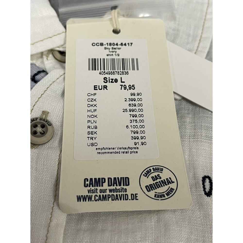 Camp David Shirt Mens Large Button Up 100% Linen Embroidered White N178 - Picture 8 of 12